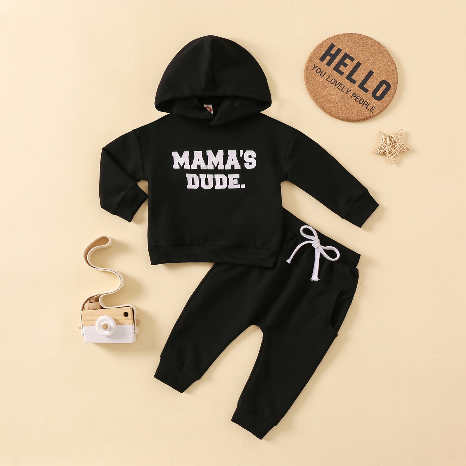 New Hoodie Letter Printed Solid Color Trousers Suit - Solid Color Hoodie Trousers Suit for Tiny Trendsetters