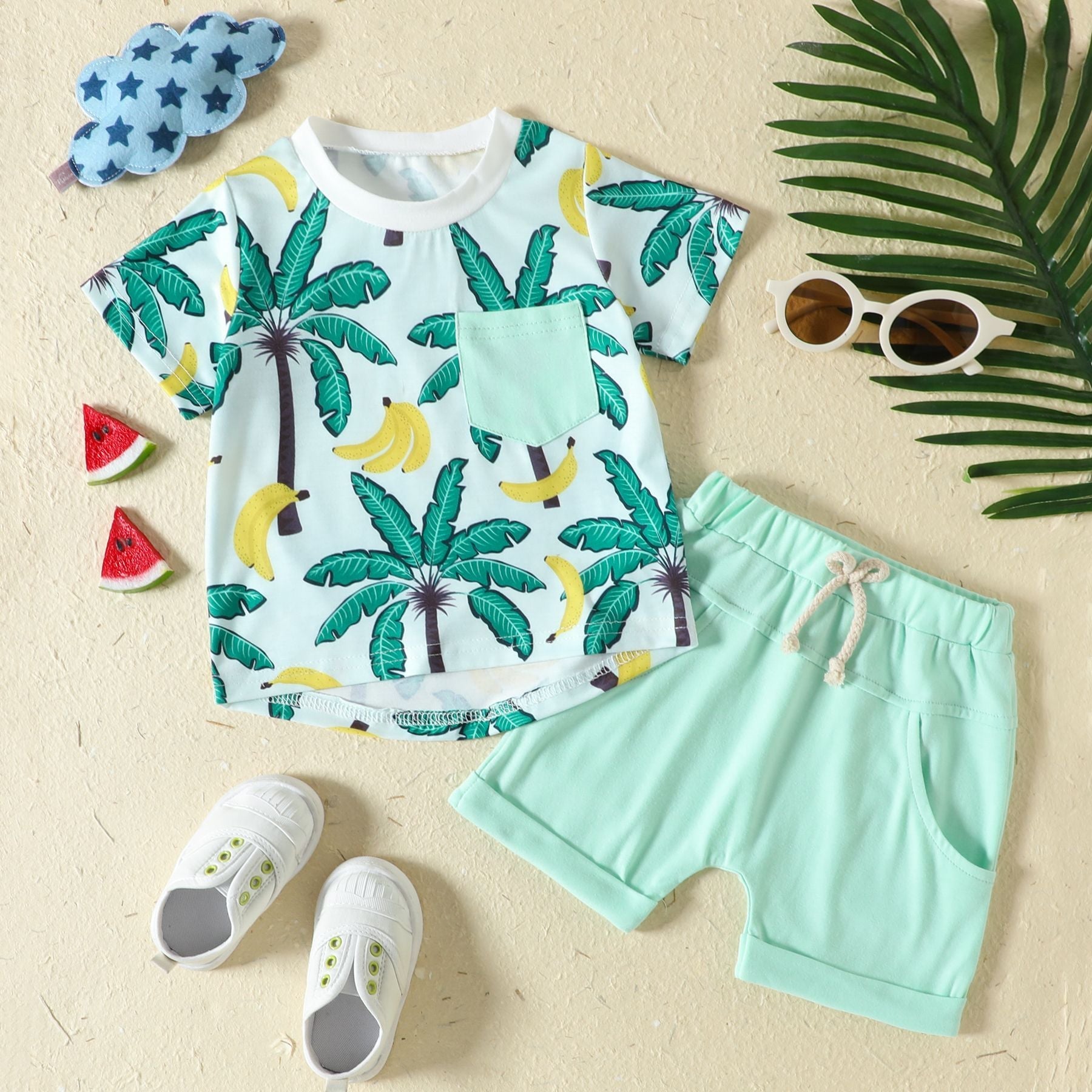 New Sports Style Tropical Rainforest Printing T-shirt Shorts Set - Tropical T-Shirt Shorts Set for Tiny Adventurers