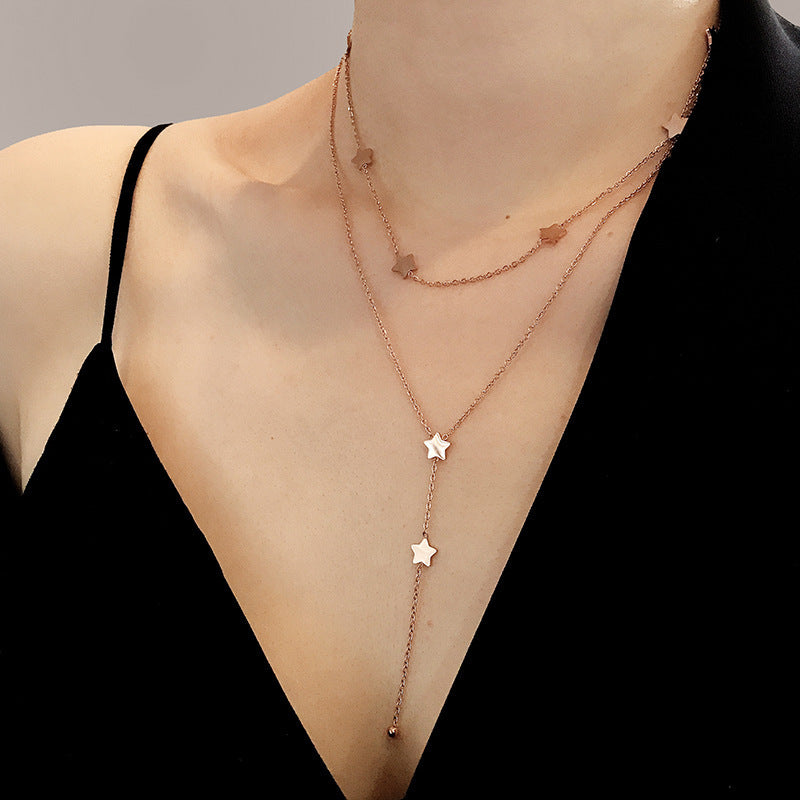 New Titanium Steel 18K Gold Double Circles Star Necklace Female Clavicle Chain - Titanium Steel 18K Gold Double Circles