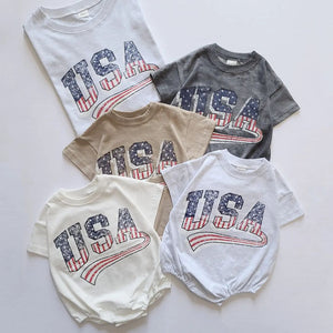 Newborn Summer Jumpsuit in Gray White or Caramel Cotton Short Sleeve - Tiny Trendsetter’s Fun newborn summer jumpsuit