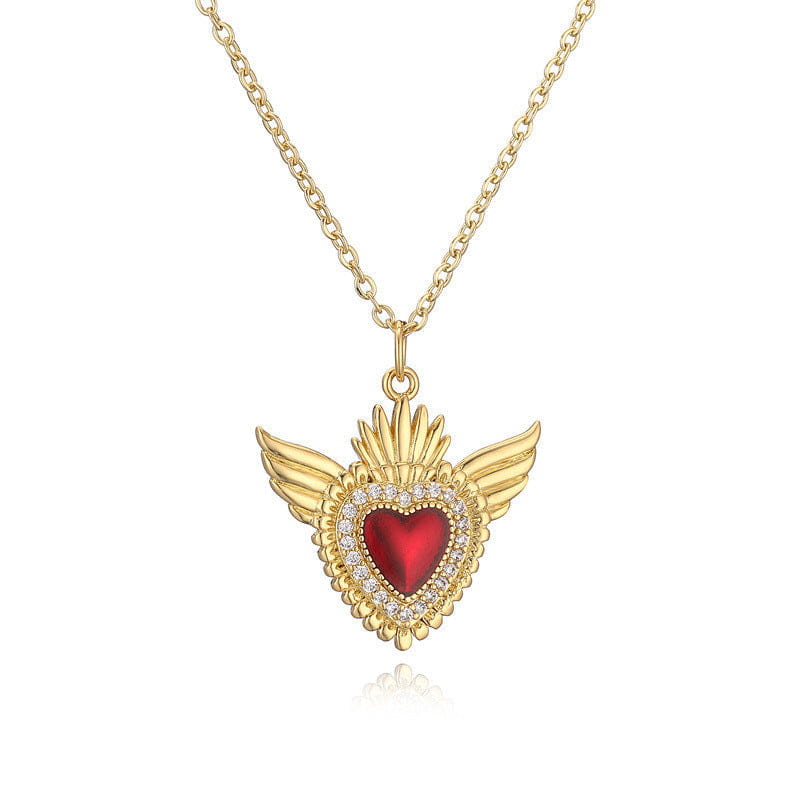 Niche High Sense Copper Plated Gold Zircon Drop Oil Heart Wings Pendant Necklace