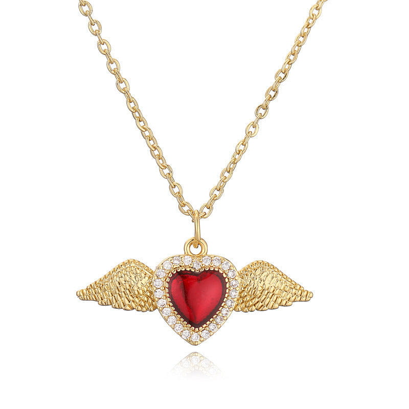 Niche High Sense Copper Plated Gold Zircon Drop Oil Heart Wings Pendant Necklace
