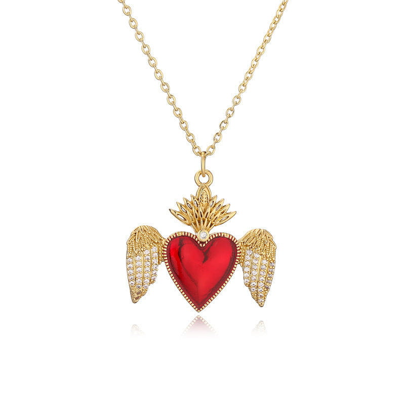 Niche High Sense Copper Plated Gold Zircon Drop Oil Heart Wings Pendant Necklace
