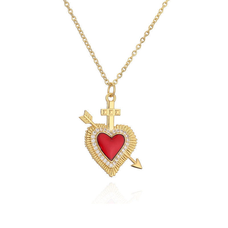 Niche High Sense Copper Plated Gold Zircon Drop Oil Heart Wings Pendant Necklace