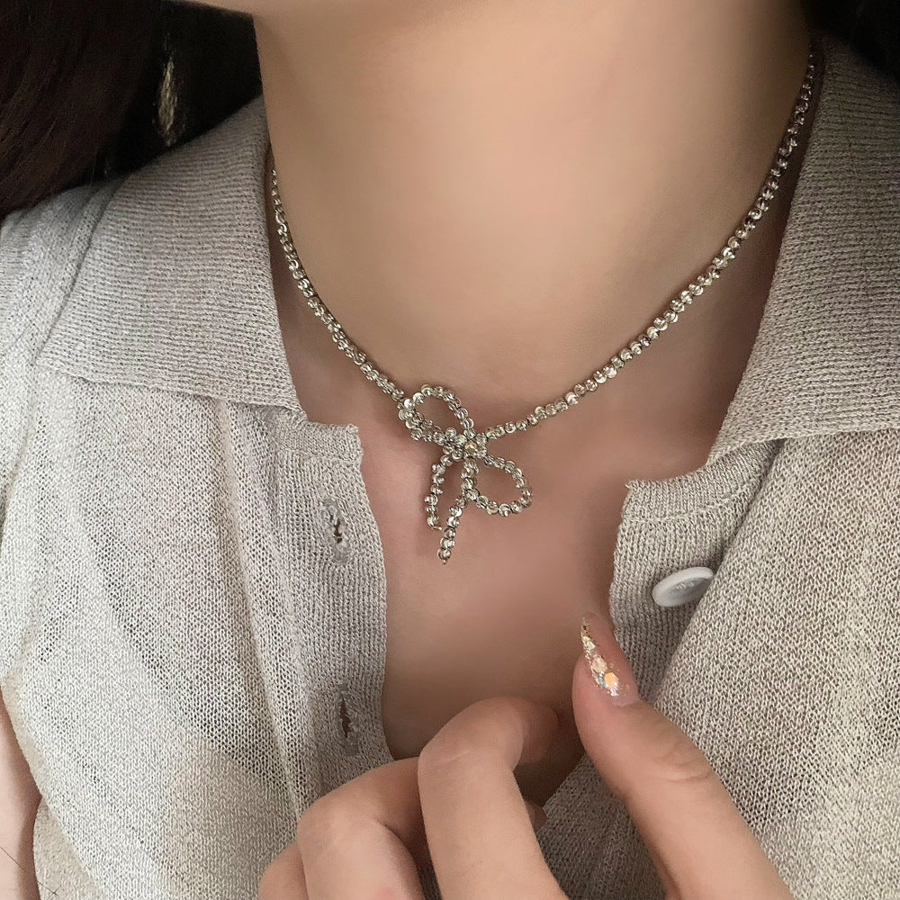 Niche Female Necklace with Bow Pendant and Round Beads - niche necklace female bow pendant round beads