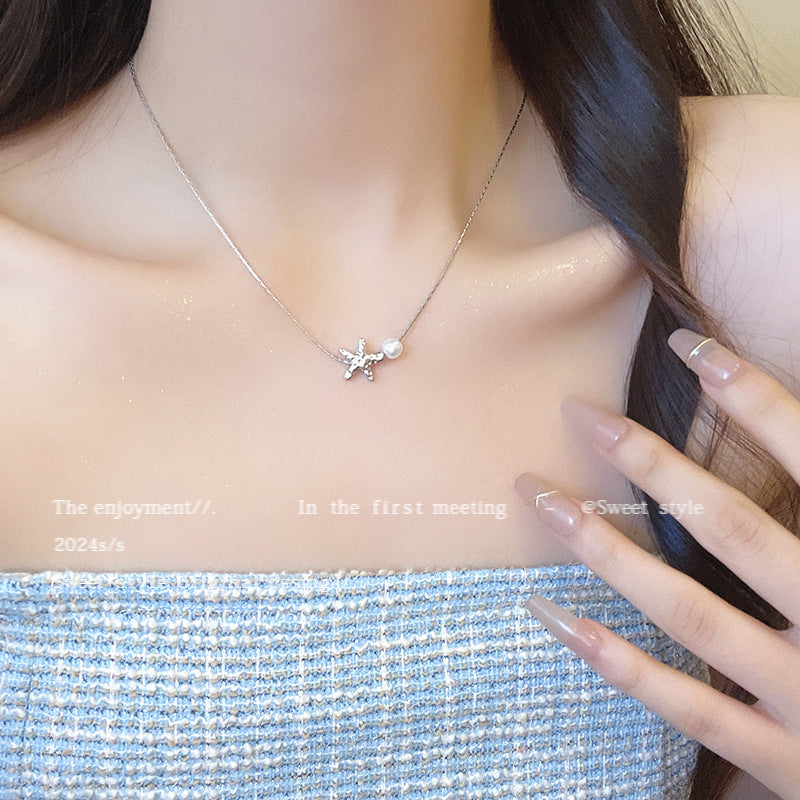 Niche Starfish Pearl Necklace with Electroplating Female Pendant - for Women Simple niche starfish pearl necklace
