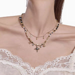 Nostalgic Series Trendy Cool Beaded Cross Necklace Neutral Double Layer New Sweater Chain - Nostalgic Trendy Beaded