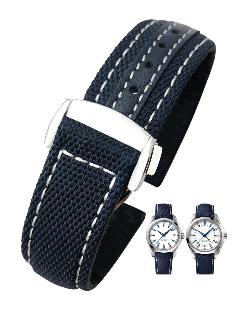 Canvas Leather Strap with Folding and Pointed Silver Buckles - Nylon Line-Pointed Buckle nylon canvas leather strap