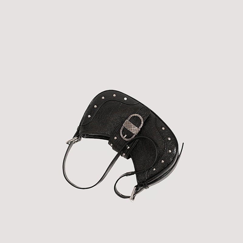 Oil Wax Leather Bag with Rivets Flap Shoulder and Sandwich Pocket - oil wax leather personality rivets flap shoulder