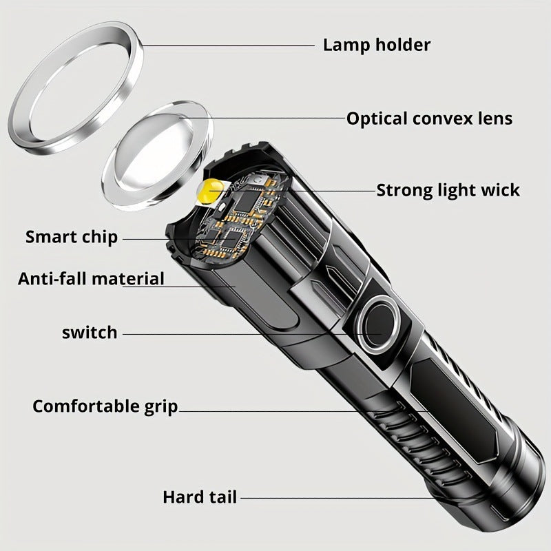 Outdoor camping flashlight with USB rechargeable zoom LED power and keychain - Camping Flashlight Rechargeable Zoom