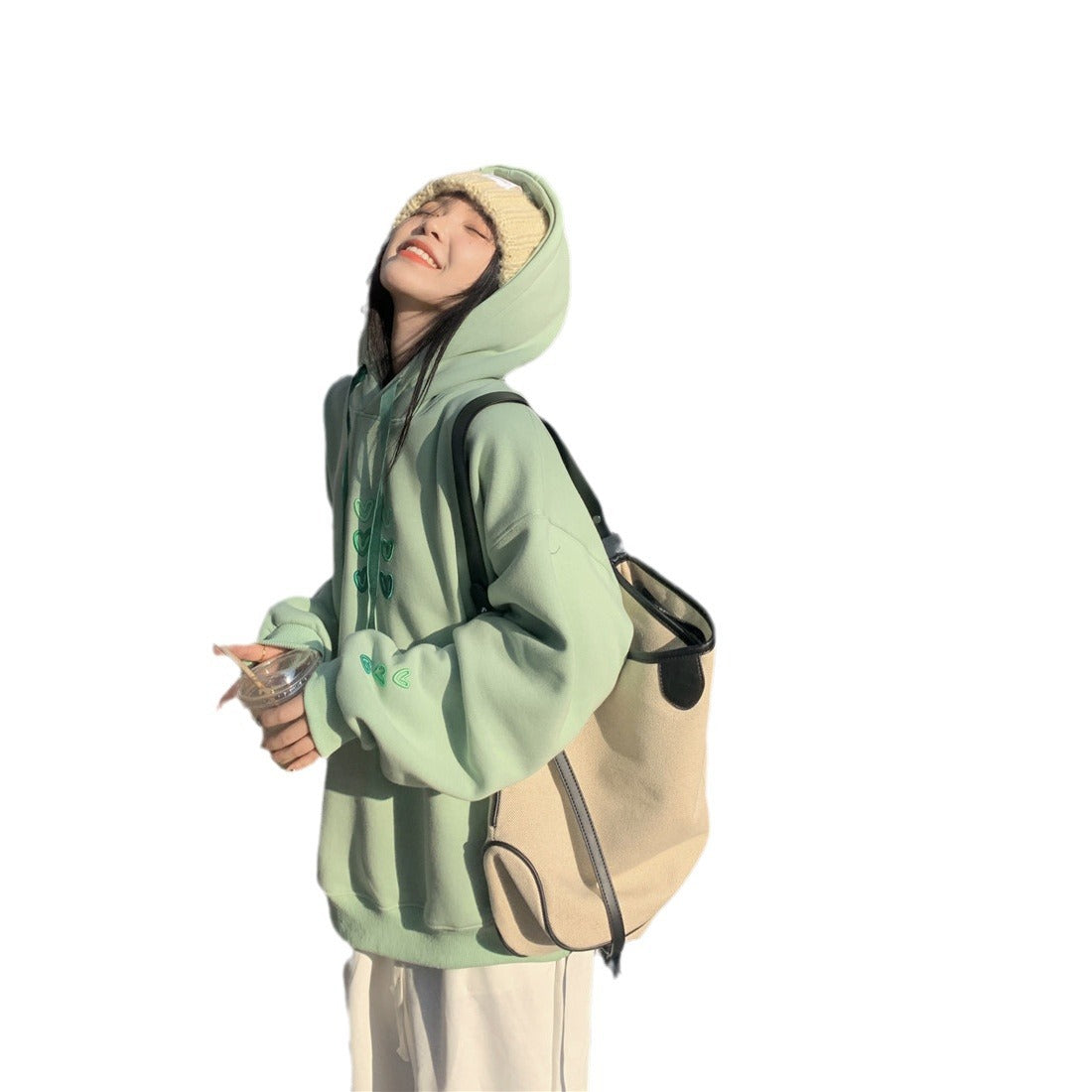 Oversized Green Pullover Sweatshirt Japanese Korean Style Long Sleeve Polyester