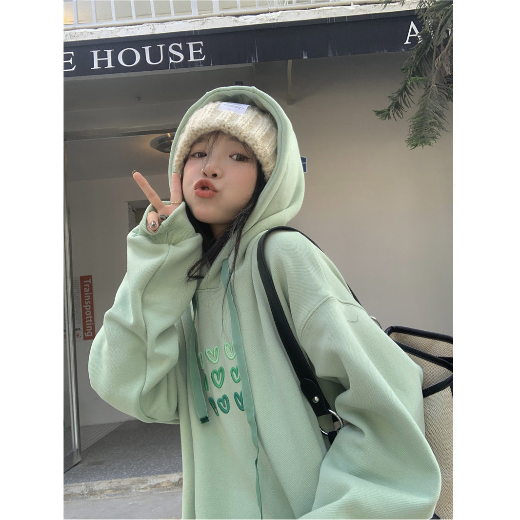 Oversized Green Pullover Sweatshirt Japanese Korean Style Long Sleeve Polyester
