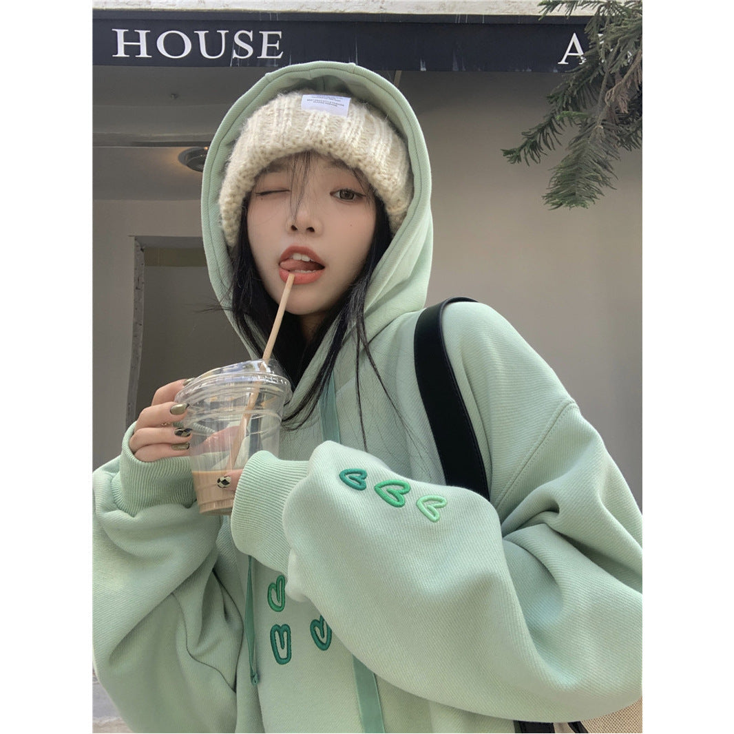 Oversized Green Pullover Sweatshirt Japanese Korean Style Long Sleeve Polyester