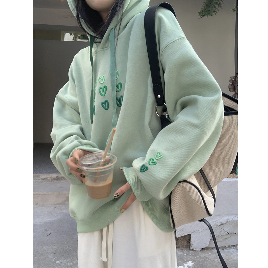 Oversized Green Pullover Sweatshirt Japanese Korean Style Long Sleeve Polyester