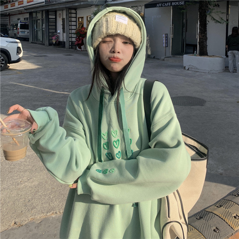 Oversized Green Pullover Sweatshirt Japanese Korean Style Long Sleeve Polyester