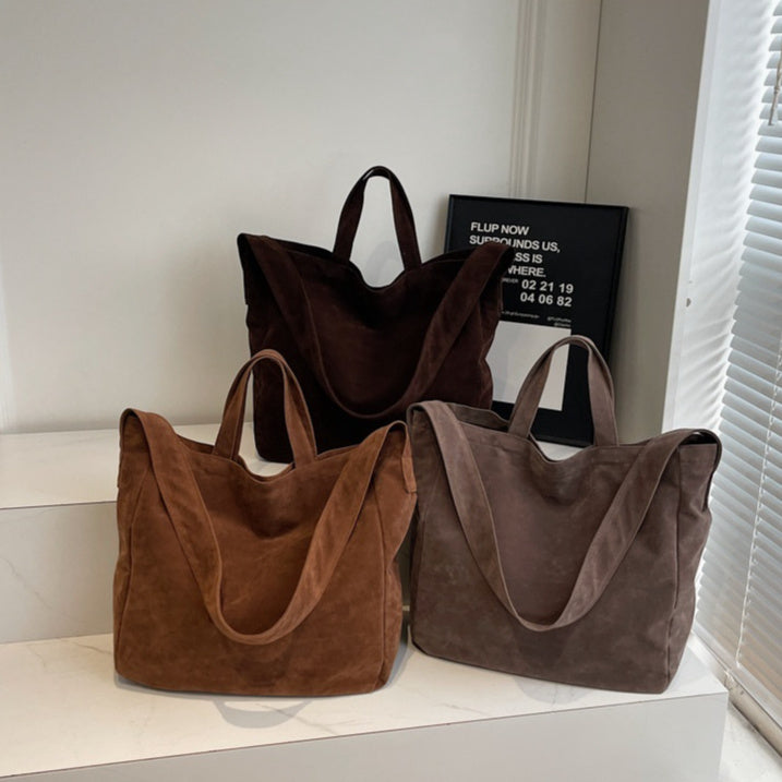 Oxford Cloth Travel Shoulder Bag with Zipper Pocket Brown Gray Medium Size - Teleplus