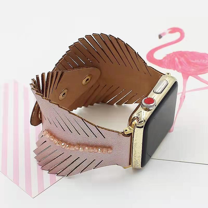 Patchwork Leather Strap Sweet Feather Leaf - Patchwork Leather Strap Sweet Feather Leaf Watch Band