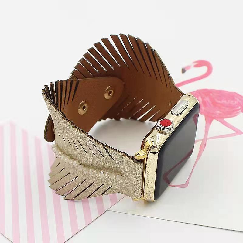 Patchwork Leather Strap Sweet Feather Leaf - Patchwork Leather Strap Sweet Feather Leaf Watch Band