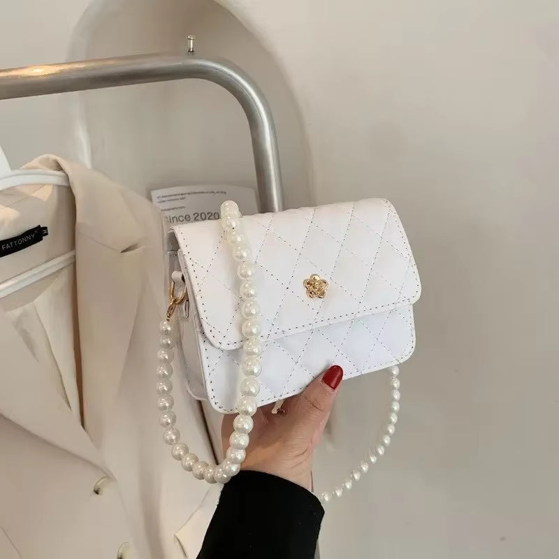 Pearl Chain Clutch Bag with Diamond Grid Design and Mobile Pocket - diamond grid pearl chain