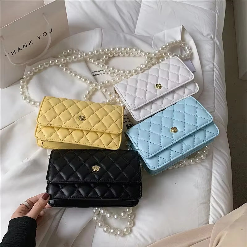 Pearl Chain Clutch Bag with Diamond Grid Design and Mobile Pocket - diamond grid pearl chain