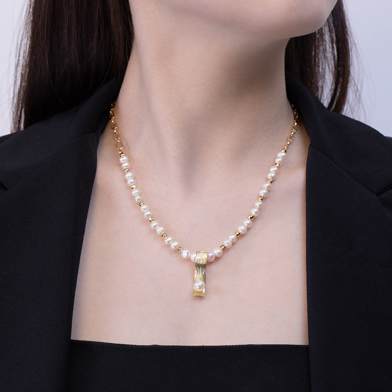 Electroplated Gold Pearl Necklace with Asymmetric Cross Chain for Minority Fashion - Pendant Women pearl necklace