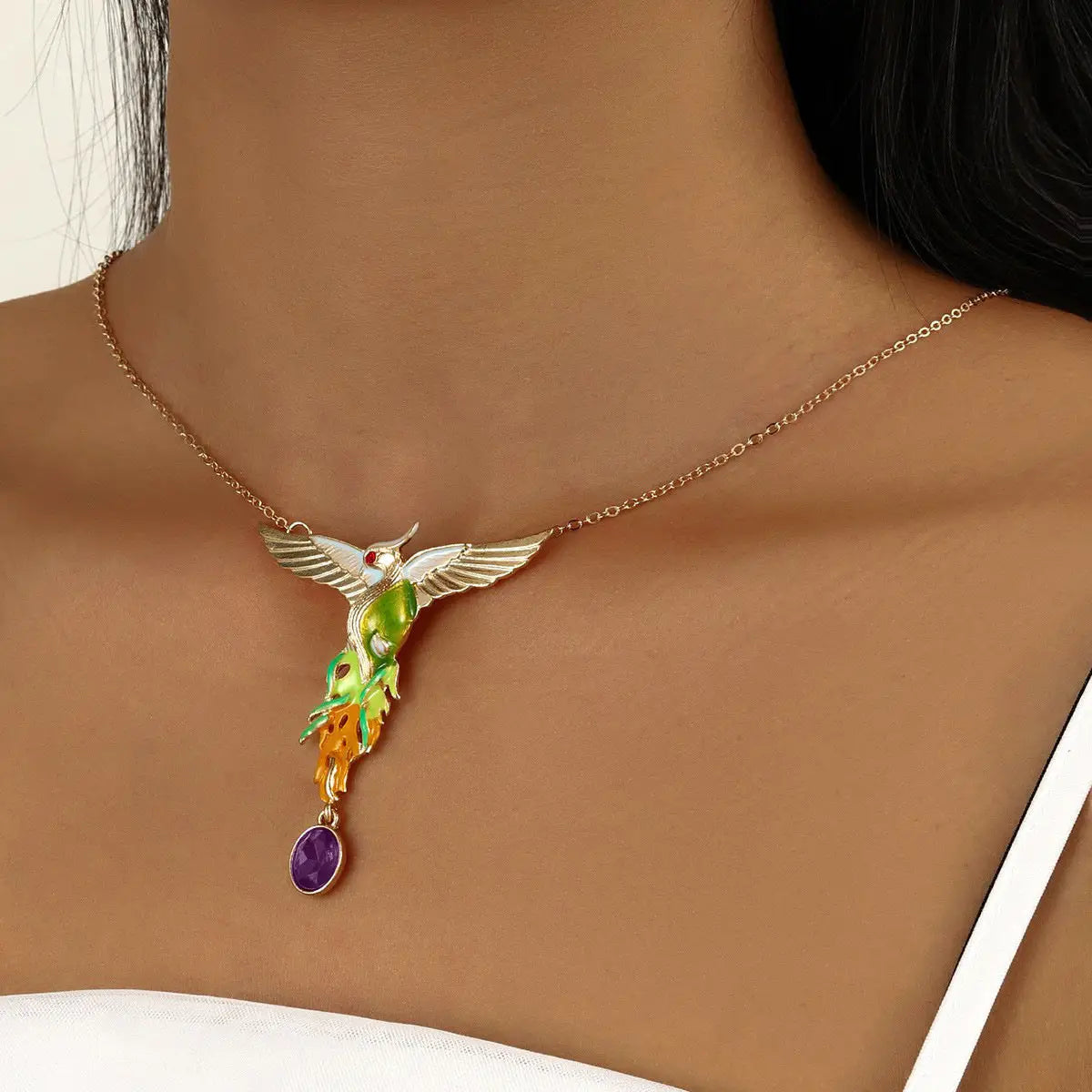 Personality Retro Hundred Birds Facing The Phoenix Shiny Diamond Pendant Clavicle Chain