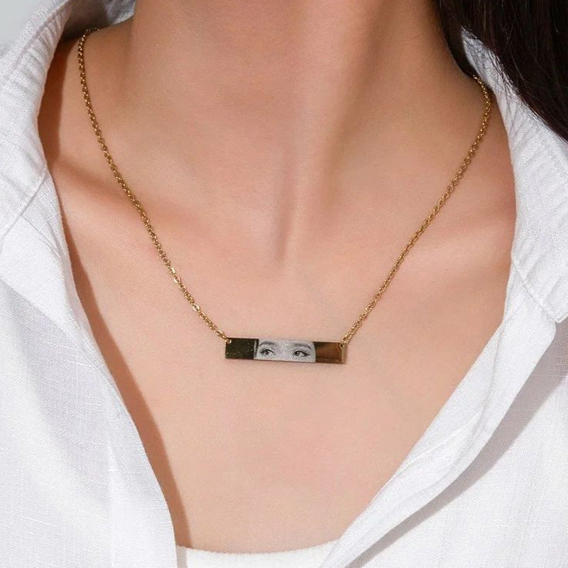 Personalized carved eye long necklace in stainless steel with engraving - Carved Eye Long Necklace Stainless Steel