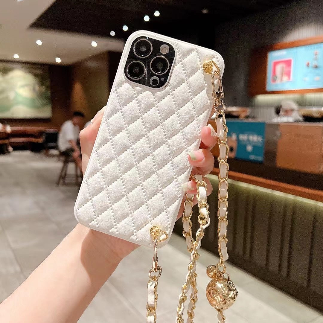 Phone Case Diamond Plaid Crossbody Protective Sleeve - Classic Style Phone Case with Small Golden Balls