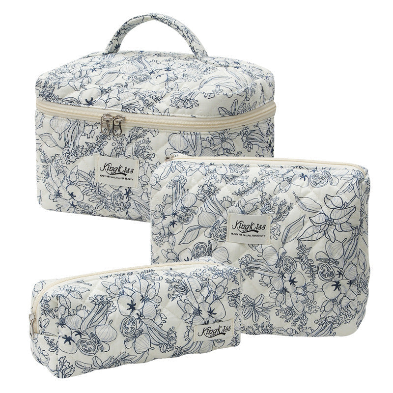Pink and Blue Flower Pattern Cotton Cosmetic Bag for Portable Toiletry Storage - cotton cosmetic bag portable toiletry