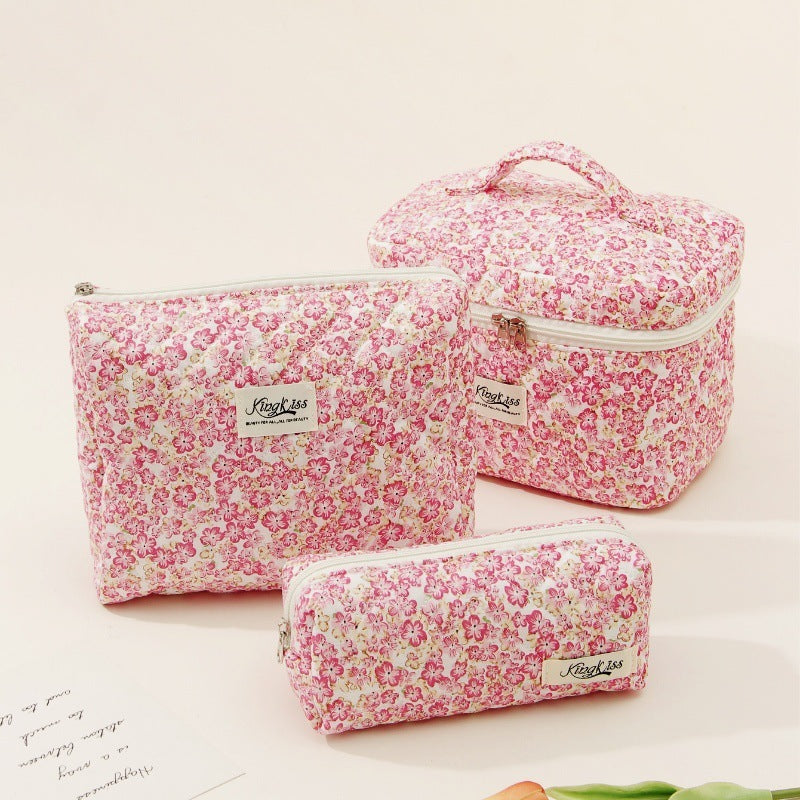 Pink and Blue Flower Pattern Cotton Cosmetic Bag for Portable Toiletry Storage - cotton cosmetic bag portable toiletry