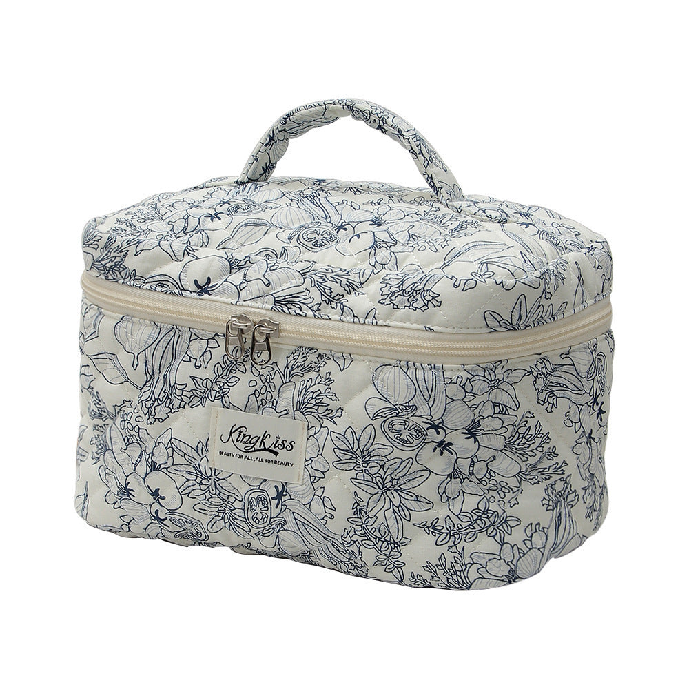 Pink and Blue Flower Pattern Cotton Cosmetic Bag for Portable Toiletry Storage - cotton cosmetic bag portable toiletry