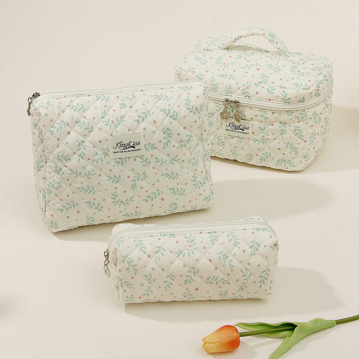 Pink and Blue Flower Pattern Cotton Cosmetic Bag for Portable Toiletry Storage - cotton cosmetic bag portable toiletry