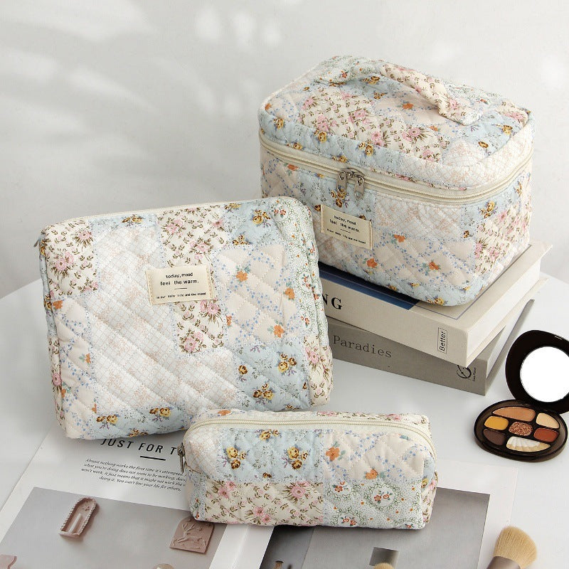 Pink and Blue Flower Pattern Cotton Cosmetic Bag for Portable Toiletry Storage - cotton cosmetic bag portable toiletry