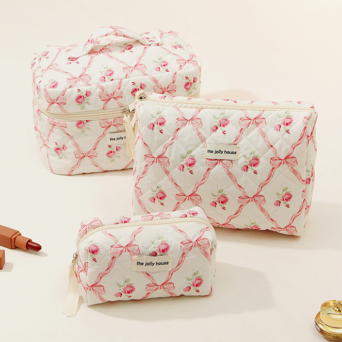 Pink and Blue Flower Pattern Cotton Cosmetic Bag for Portable Toiletry Storage - cotton cosmetic bag portable toiletry