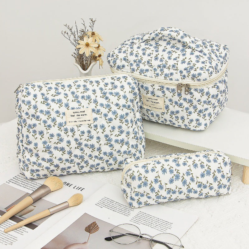 Pink and Blue Flower Pattern Cotton Cosmetic Bag for Portable Toiletry Storage - cotton cosmetic bag portable toiletry