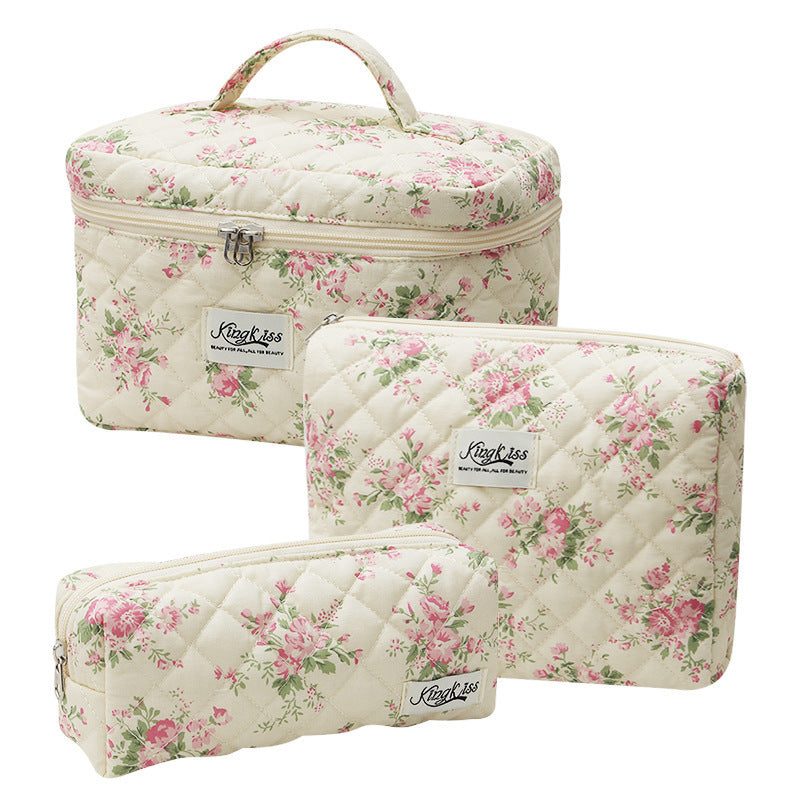 Pink and Blue Flower Pattern Cotton Cosmetic Bag for Portable Toiletry Storage - cotton cosmetic bag portable toiletry