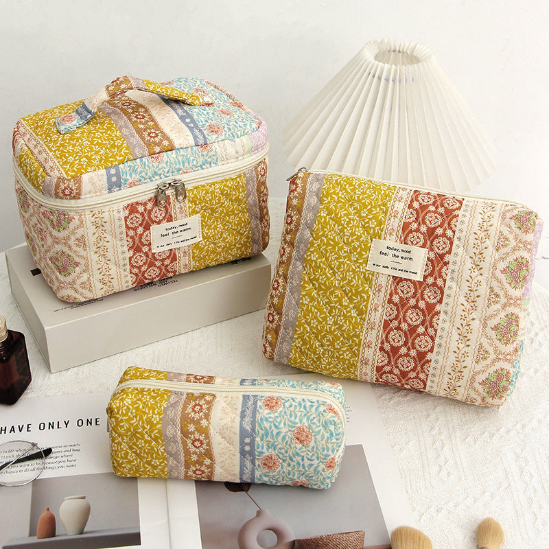 Pink and Blue Flower Pattern Cotton Cosmetic Bag for Portable Toiletry Storage - cotton cosmetic bag portable toiletry