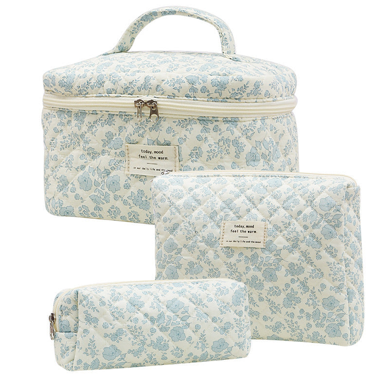 Pink and Blue Flower Pattern Cotton Cosmetic Bag for Portable Toiletry Storage - cotton cosmetic bag portable toiletry