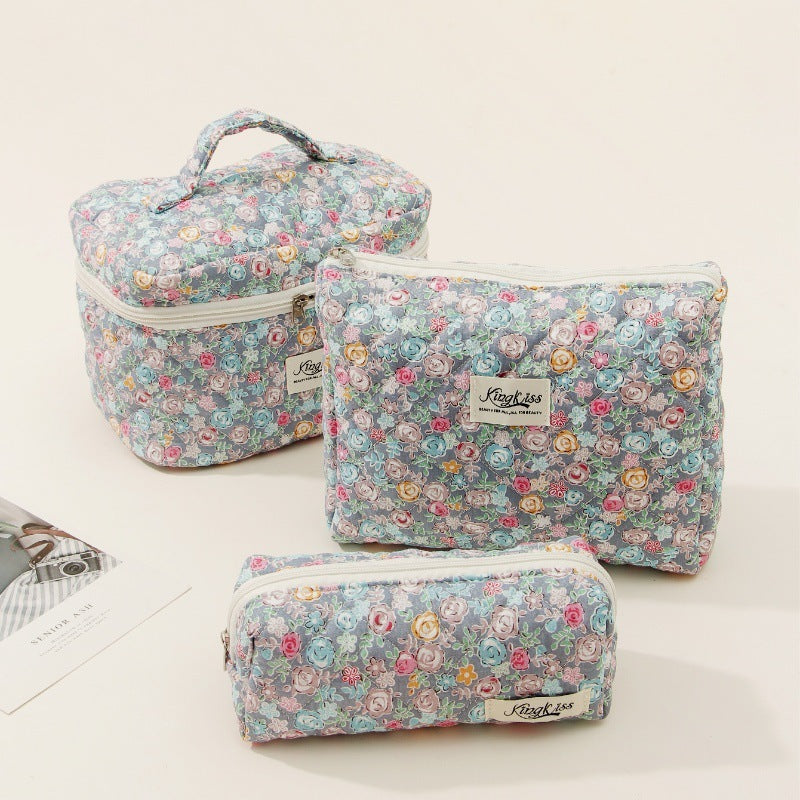 Pink and Blue Flower Pattern Cotton Cosmetic Bag for Portable Toiletry Storage - cotton cosmetic bag portable toiletry