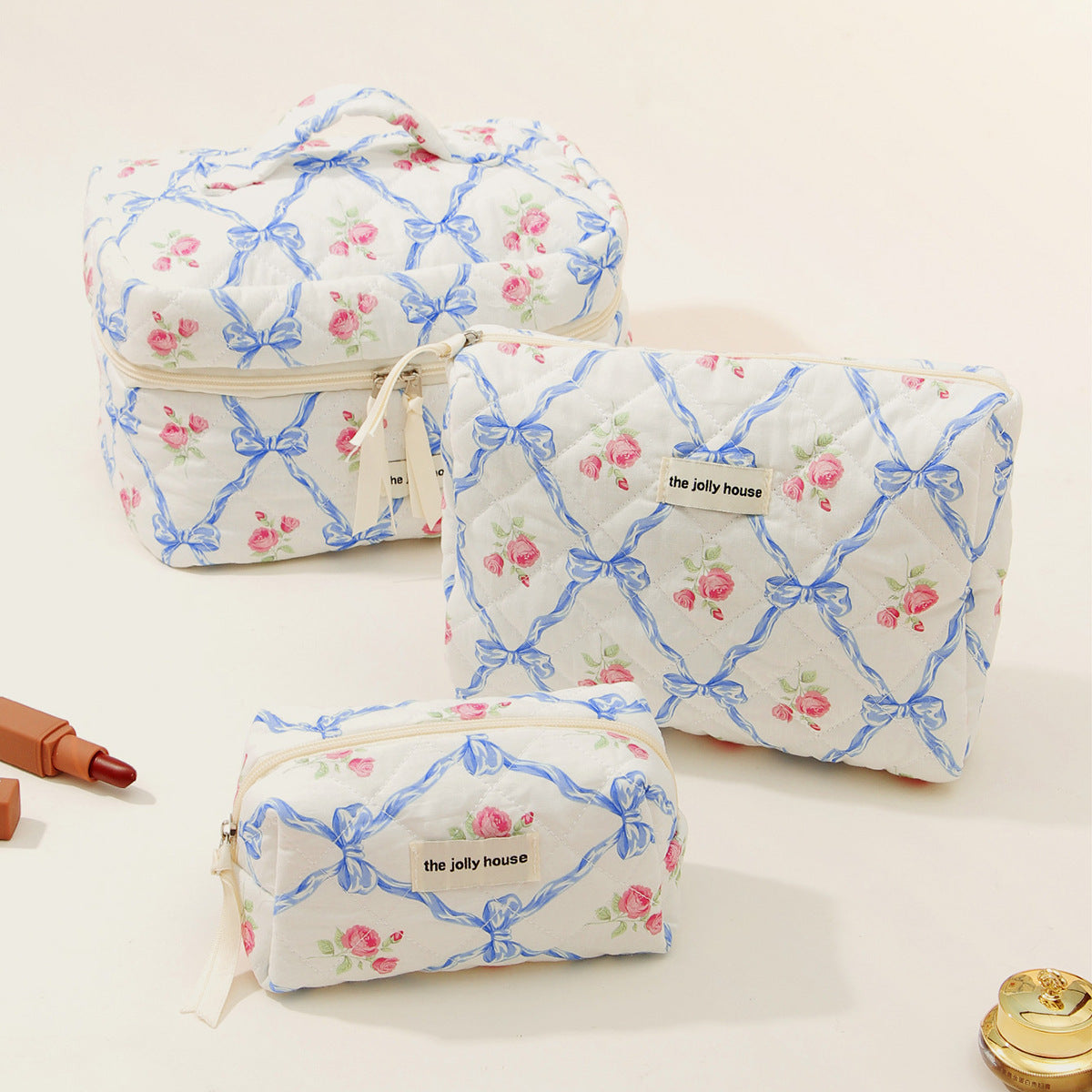 Pink and Blue Flower Pattern Cotton Cosmetic Bag for Portable Toiletry Storage - cotton cosmetic bag portable toiletry