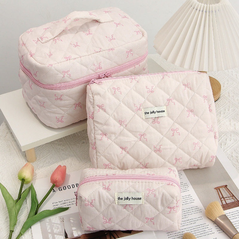 Pink and Blue Flower Pattern Cotton Cosmetic Bag for Portable Toiletry Storage - cotton cosmetic bag portable toiletry