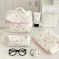 Pink and Blue Flower Pattern Cotton Cosmetic Bag for Portable Toiletry Storage - cotton cosmetic bag portable toiletry