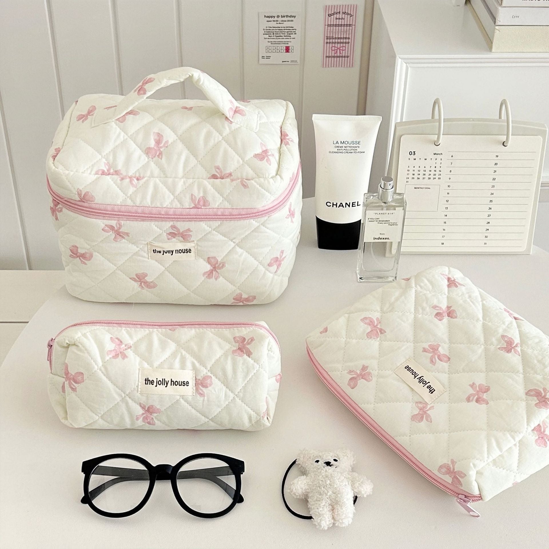 Pink and Blue Flower Pattern Cotton Cosmetic Bag for Portable Toiletry Storage - cotton cosmetic bag portable toiletry