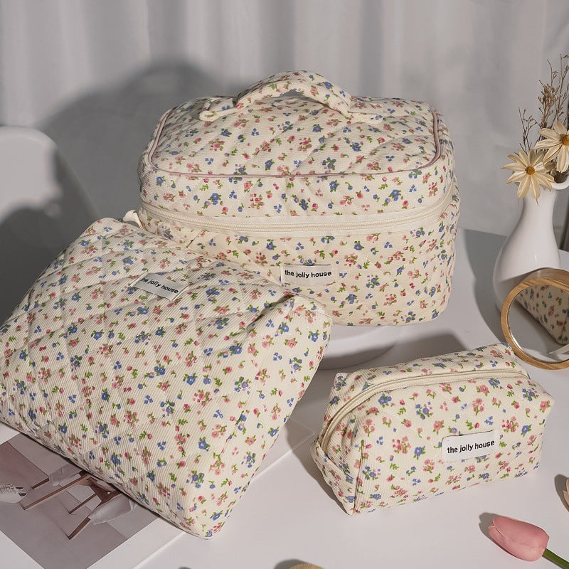 Pink and Blue Flower Pattern Cotton Cosmetic Bag for Portable Toiletry Storage - cotton cosmetic bag portable toiletry