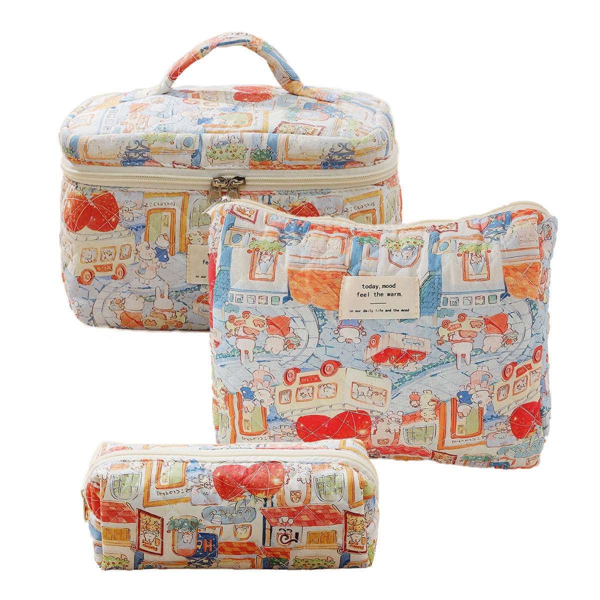 Pink and Blue Flower Pattern Cotton Cosmetic Bag for Portable Toiletry Storage - cotton cosmetic bag portable toiletry