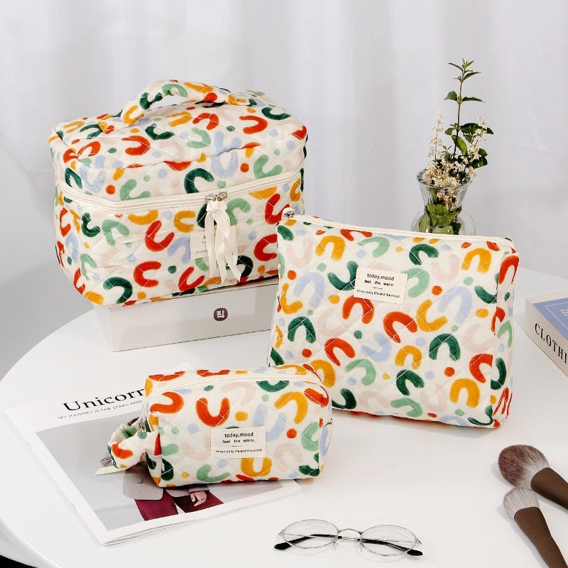 Pink and Blue Flower Pattern Cotton Cosmetic Bag for Portable Toiletry Storage - cotton cosmetic bag portable toiletry