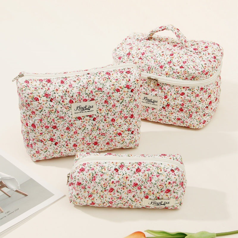 Pink and Blue Flower Pattern Cotton Cosmetic Bag for Portable Toiletry Storage - cotton cosmetic bag portable toiletry