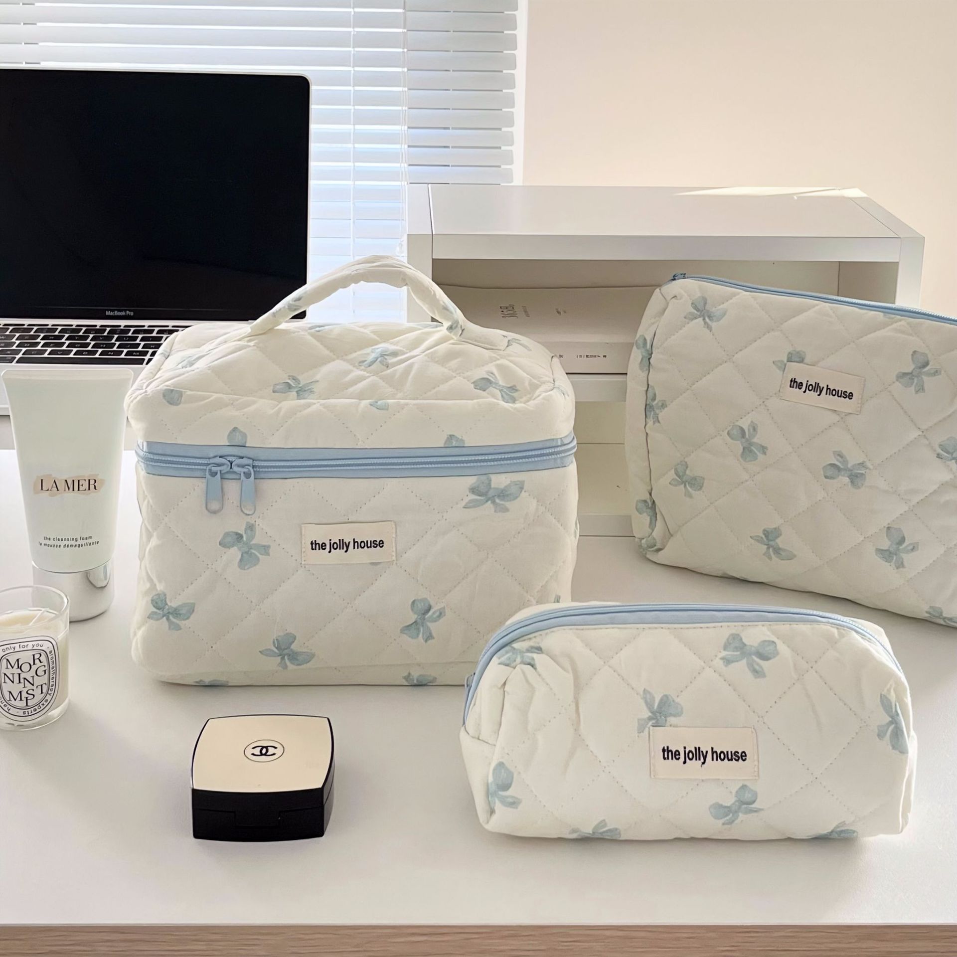 Pink and Blue Flower Pattern Cotton Cosmetic Bag for Portable Toiletry Storage - cotton cosmetic bag portable toiletry