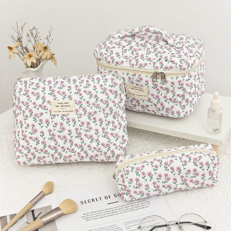 Pink and Blue Flower Pattern Cotton Cosmetic Bag for Portable Toiletry Storage - cotton cosmetic bag portable toiletry