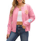 Pink Floral 3D Knit Cardigan for Women Loose Acrylic Sweater S to XL